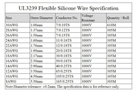 Cable de Cobre Flexible de Silicona Suave 32 30 28 26 24 22 20 18 16 14 12 10 8 AWG 3239 Aislado 3KV para Bricolaje LED Electrónico