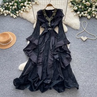 Robe longue décontractée pour femme, élégante, à volants, en dentelle, col en V, coupe trapèze, avec broderie papillon, pour tenue quotidienne ou de soirée
