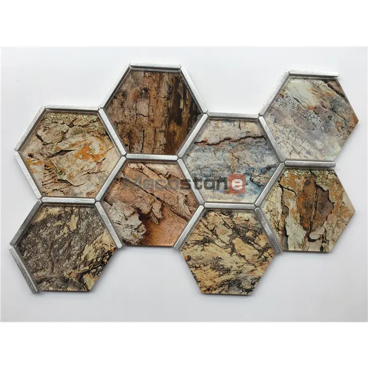 Metal aluminum hexagon shape marble look mosaic tiles