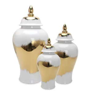 J199 Luxury Gold And White Temple Jar Home Decor Jar Porcelain Jars Set With Lid