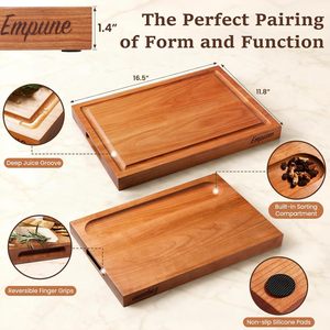 Tabla de cortar de madera de cerezo para cocina con asa, con ranura para jugos y ranura integrada para verduras, frutas y carne - Product Image 2