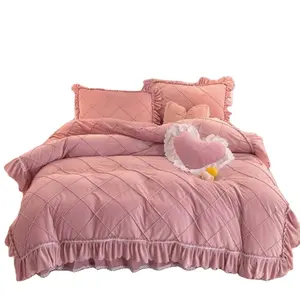 Thickened Love Crystal Velvet 4Pcs Coral Flannel Princess Duvet Cover Bedding For Winter