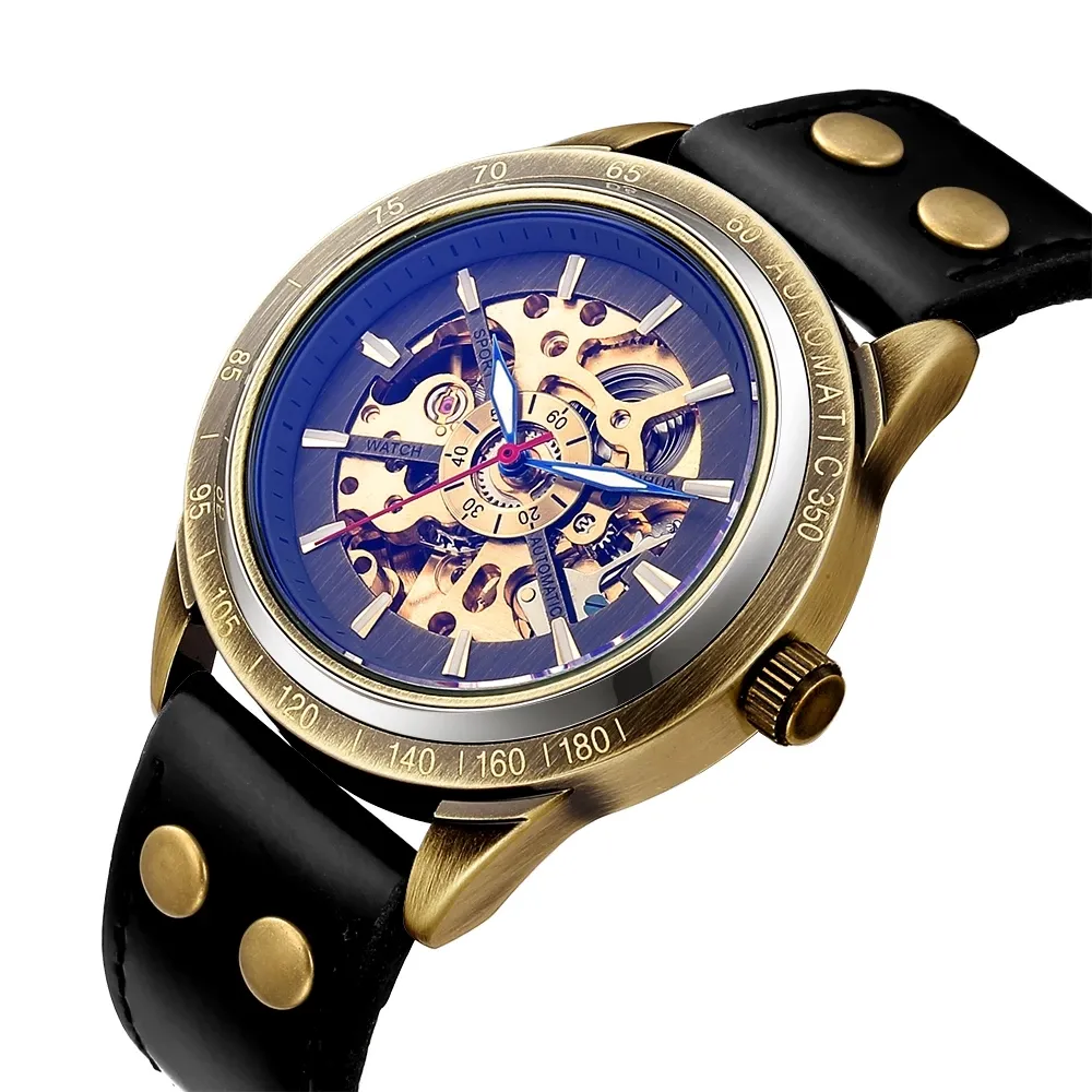 SHENHUA 9869 Men Automatic Mechanical Watches 2019 Famous Retro Skeleton Leather Strap Wristwatch Online Sales