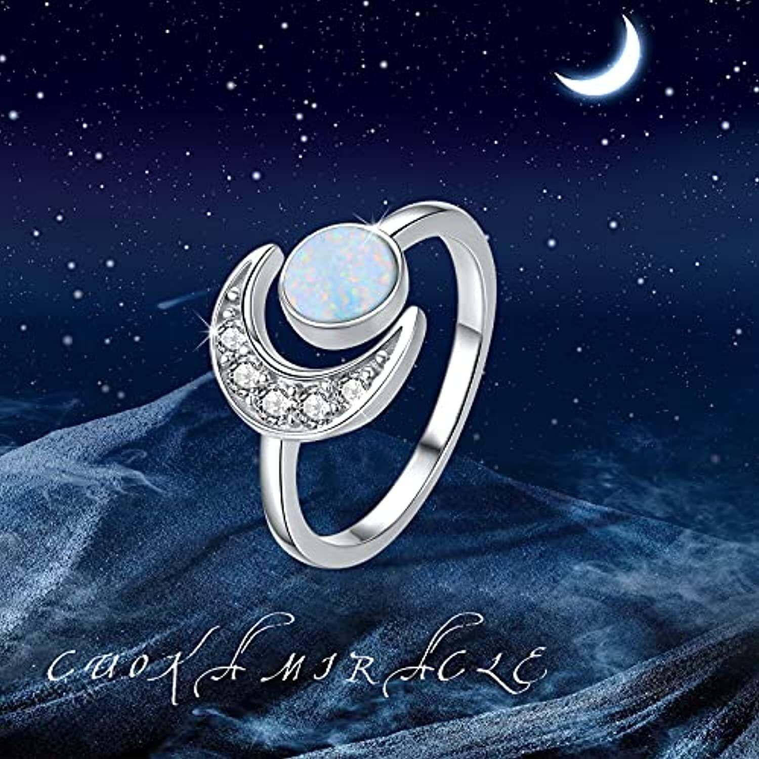 925 Sterling Silver Crescent Zircon Moon and Opal Sun Adjustable