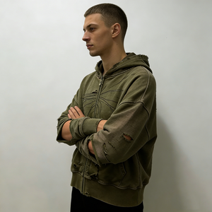 लोगों ने जैतून के हरे रंग के हुडी को ओवरसाइज़ किया हुआ ग्राफिक सिलाई कच्ची मिट्टी की जेब से आकस्मिक स्ट्रीटवियर - Product Image 3