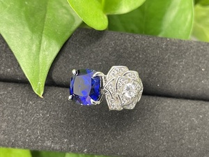 925 Sterling Silver Rose Design <b>Ring</b>, Cushion Cut Royal Blue Lab Created Sapphire with <b>CZ</b> Accents - Product Image 3