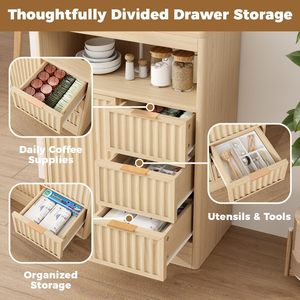 SMORBOSS Modern Oak Panel Coffee Bar Cabinet Fluted Design 3 Drawers Adjustable <strong>Shelf</strong> Rounded <strong>Edges</strong> Dining Room <strong>Living</strong> Room - Product Image 3