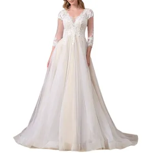 Sweep train tulle lace dress low V-back lace up closure wedding dresses online satin fabric weeding dresses women wedding