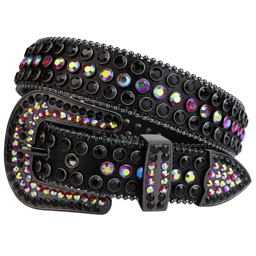 Cowboy Men Women Unisex Crystal Diamond Black Studded Designer Belt Colorful Bling Rhinestone Belt in PU Belts Supplier