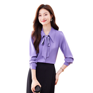 Women's Purple Satin Bow-Tie Blouse Long Sleeve Office Shirt Solid Color Fashion Top - Product Image 5