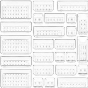 Juego de organizadores de cajones de plástico transparente de 4 tamaños, 25 uds., bandejas organizadoras versátiles para baño y tocador, para maquillaje, Oficina - Product Image 1