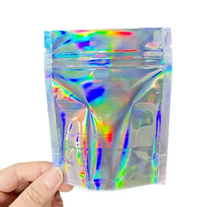 Benutzer definierte geruchs neutrale stehende Aluminium folie Tasche holo graphische Mylar Clear bag Lebensmittel verpackung wieder versch ließbare Verpackung Druck verschluss mit Fenster