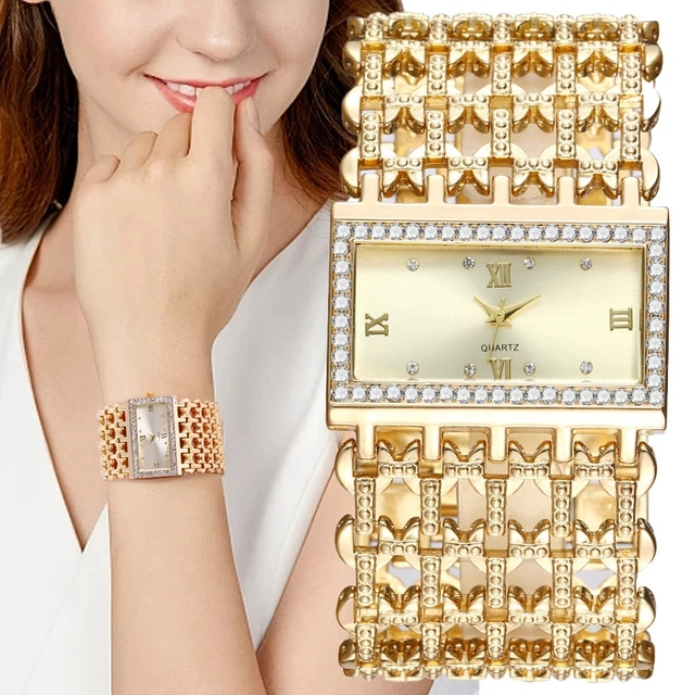 Fashion Cross-Border Hot Square Diamond-Set Women's Quartz Watch Casual Gold Stainless Steel Luxury Simple Retro Watch