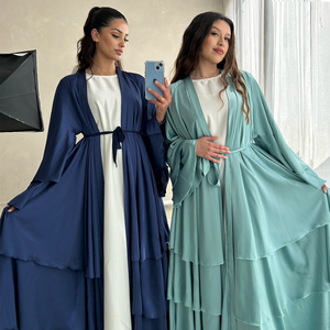 Di alta qualità in raso di seta aperta Abaya EID Dubai Abaya Patchwork tre strati di raso fluente Cardigan abito musulmano con cintura - Product Image 1