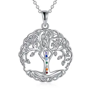 Fashion New Arrival S925 Sterling Silver Healing Crystal Chakra Tree Necklace Yoga Pendant Jewelry