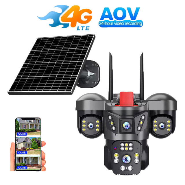 New Arrival V380PRO 12MP Outdoor Full Color Three Lens 4G Sim Card Auto Tracking Night Vision Pan-Tilt Wifi 4G AOV Solar Camera