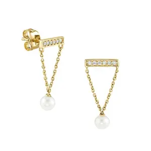 high quality jewelry diamond pearl drop bar studs 18k gold earings