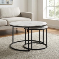 Ensemble de 2 tables basses rondes imbriquées avec plateau en faux marbre et structure en métal noir, tables d'appoint pour salon, chambre et petits espaces