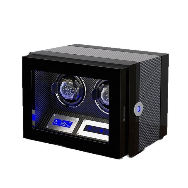 OEM Luxury 2 Slots Mechanical Watch Winder Auto Chain Box Rotator Solid Wood Inner Outer Carbon Fiber Square Fingerprint Lock