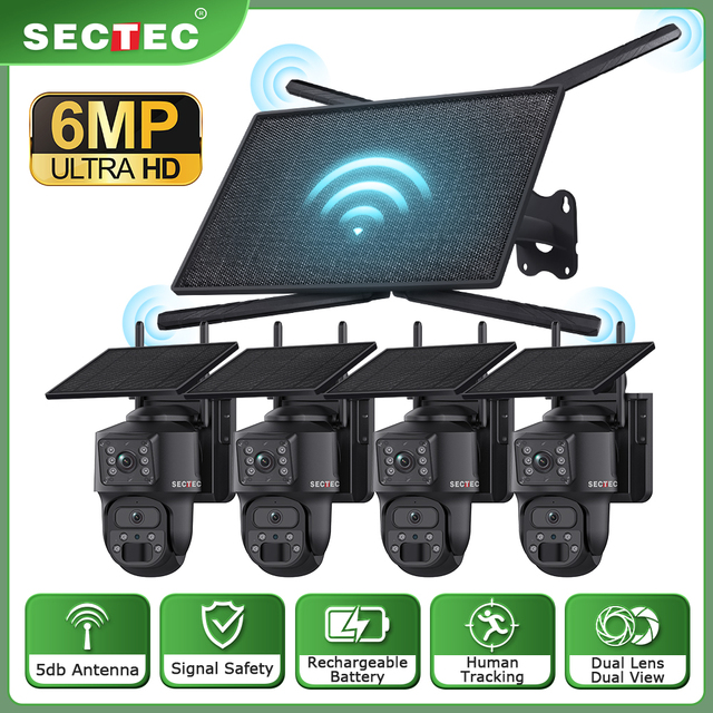 4G Solar Router 4Channel PTZ Solar Wifi Kits One Set Built in Battery Human Detection 3K Dual Lens Solar Camera CCTV IP Camera