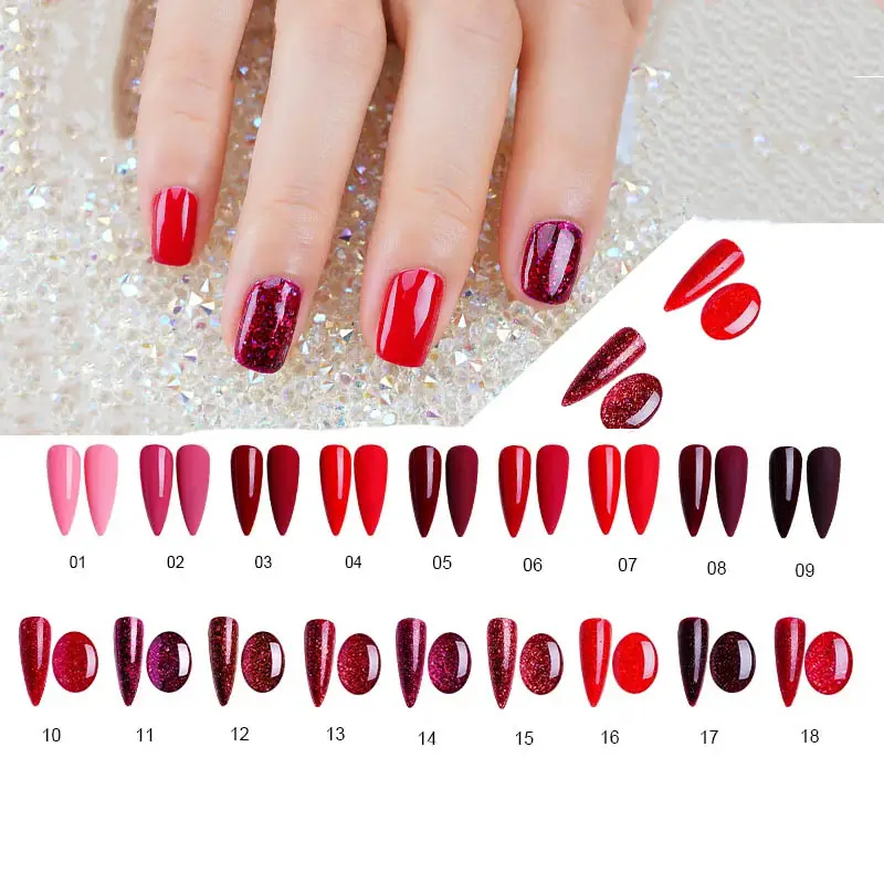 Fournitures professionnelles pour ongles en gel 18 couleurs rouges marque privée 15ml Uv/led vernis à ongles en gel de haute qualité