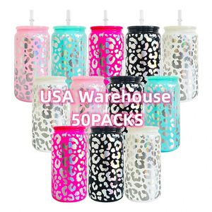 50Packs Holographic Colored Leopard 16Oz Glass Can With Plastic Lids Uv Dtf <b>Wraps</b> <b>Vinyl</b> for Iced Coffee Soda - Product Image 1