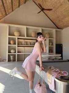 Y2K Women Dress Sexy <b>Spaghetti</b> <b>Strap</b> Bodycon Mini Dress Contrast Binding Streetwear Slit Party Club Wear Pink Pastel - Product Image 2