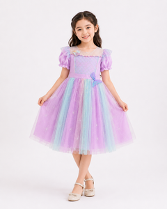 Girls <b>Purple</b> Pastel Tulle Dress With Puff Sleeves Doll Collar A-Line Knee-Length Sweet Style Spring Chiffon Dress - Product Image 2