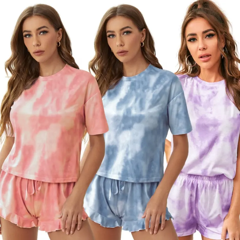 Tie Dye Design Loungewear Conjuntos de mujer Estampado de punto Pijamas de algodón orgánico Conjunto de pantalones cortos Mujeres Ropa de dormir personalizada Mujeres