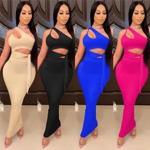 MD-2023052306 custom fashion sexy off one shoulder hollow out crop top and skirt women two piece set