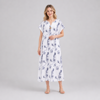 Robe longue décontractée pour femme, imprimé floral blanc et bleu, manches courtes, col en V, vente en gros, OEM, ODM, marque privée, usine