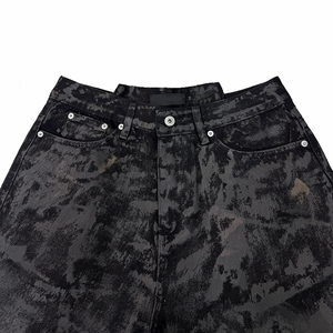 Shorts en jean Y2K Grunge Hip Hop Tie Dye Noir Délavé Coupe Droite Mi-longueur Effet Usé Bords Frangés Oversize Streetwear Été - Product Image 3