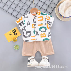 Commerce extérieur Style coréen tenue d'été enfants garçons filles à la mode deux pièces décontracté chemise en coton à manches courtes ensemble Plaid Stand - Product Image 5