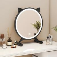 Miroir de maquillage de bureau avec oreilles de chat mignonnes, éclairage LED, angle réglable, 3 couleurs, variateur tactile, pour chambre à coucher