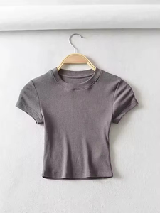เสื้อครอปท็อปผู้หญิงสำหรับฤดูร้อน ทรงเข้ารูป ยืดหยุ่น คอทรงโอ แขนสั้น ผ้าถัก มีโลโก้ ระบายอากาศได้ดี และเซ็กซี่ - Product Image 3