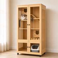 Meuble-lit pour chat en bois naturel avec portes en acrylique, maisonnette d'intérieur roulante pour litière et escalade