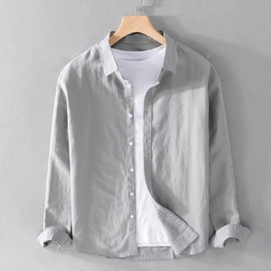 Camicie Estive da Uomo in Cotone a Maniche Lunghe, Casual, Tinta Unita, con Colletto e Bottoni, Abbigliamento Casual Maschile - Product Image 1
