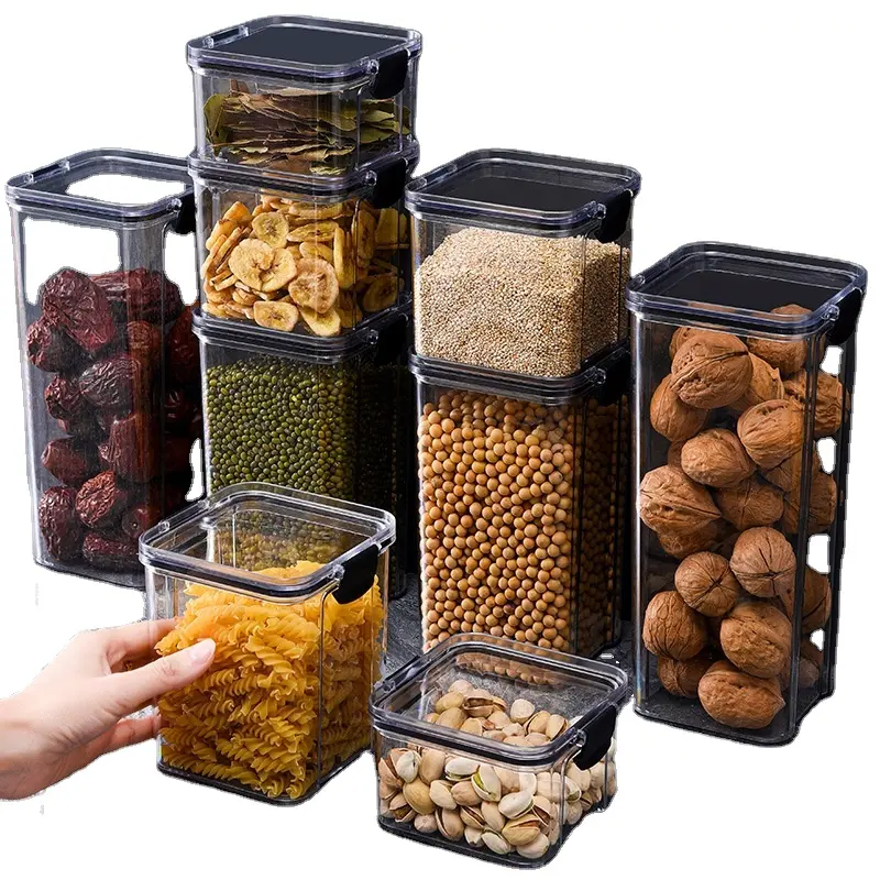 BPA ücretsiz şeffaf plastik tahıl kapları Set mutfak kiler organizasyonu için istiflenebilir hava geçirmez gıda saklama kapları