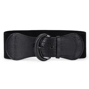 Cinturón elástico de cuero de poliuretano para mujer, cinturón elástico de cintura ancha con gancho de aleación ancha