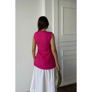 Chaleco de Lino Jacquard con Cintura Ajustada, Color Fucsia, Top sin Mangas para Mujer con Botones Dorados, Talla S - Product Image 1