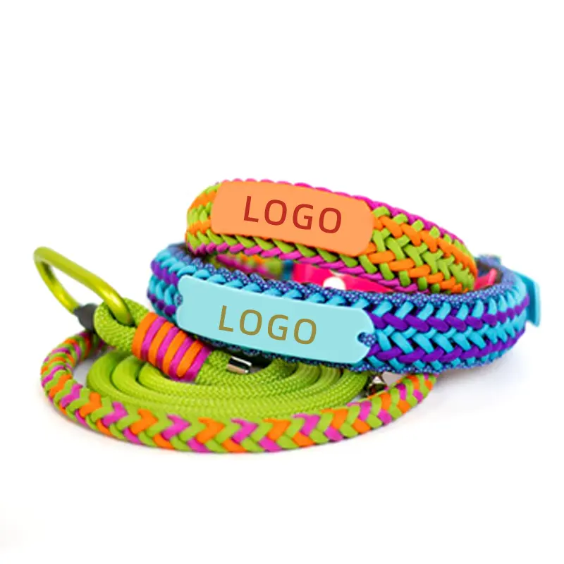 Conjunto de coleira e trela para cães de estimação paracord, tecido à mão ajustável, com logotipo colorido personalizado, acessórios para animais de estimação