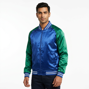 Chaqueta Varsity Personalizada de Primera Calidad en Color Azul Satinado con Mangas Verdes, Estilo Universitario y de Béisbol - Product Image 1