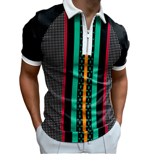 S-3XL for POLO Lapel Casual Summer Daily <b>T</b>-<b>Shirt</b> Regular Short Sleeve <b>Khaki</b> Striped Top with Zip Neck Woven Fabric Printed - Product Image 4