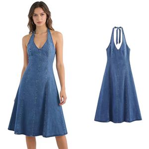 Robe midi en jean respirant pour femme, col halter, avec lien réglable à nouer dans le dos, coupe ample, style décontracté d'été et volants - Product Image 1