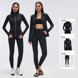 Completo Sportivo da Donna con Stampa a Pois Nera, Leggings e Giacca con Colletto Alto e Cerniera Dorata, Vestibilità <span class=keywords><strong>Slim</strong></span>, Abbigliamento da Palestra di Marca - Product Image 1
