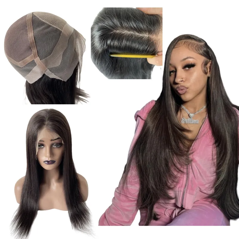 14 inç hint işlenmemiş insan saçı doğal renk 150% yoğunluk 4x4 ipek üst tam dantel siyah kadın için PU çevre peruk ile