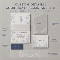 Ensemble d'invitations de mariage sur le thème nautique, motif coquillages et étoiles de mer en ligne artística bleue, papeterie de mariage personnalisée sur le thème côtier et océanique