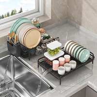 Égouttoir à vaisselle rétractable et pliable 2-en-1 en métal résistant à la rouille avec double égouttoir et support pour tasses et couverts pour cuisine