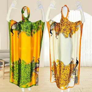 Manufacturer Ladies Fashion Silk Printed Dresses Gowns Luxury Designer Silk Robes With Scarf African Women Loose Silk Gowns