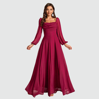 Rose Garden Gala Abaya rouge foncé encolure carrée manches bouffantes jupe volumineuse luxe vêtements modestes fournisseur niveau importation Flex